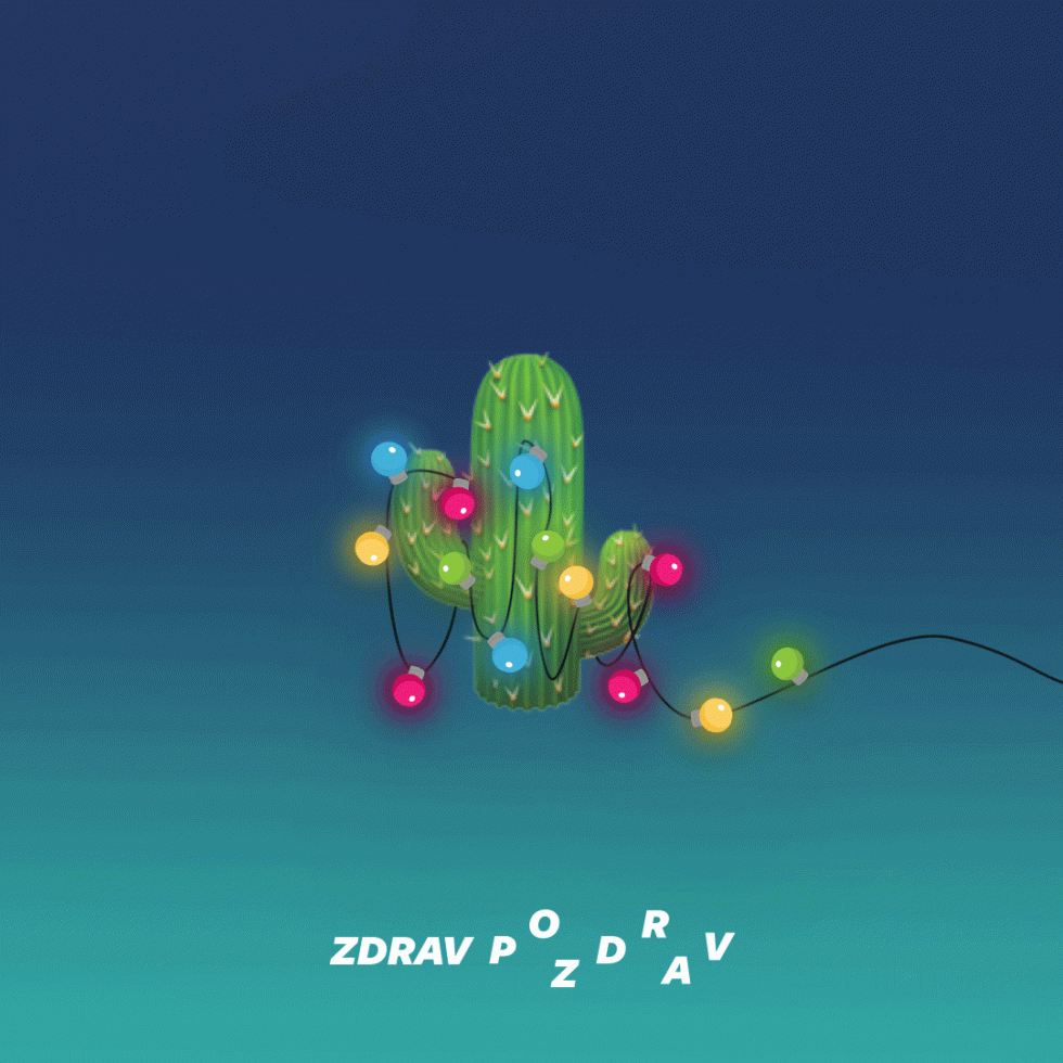 Zelen kaktus, okrašen s pisanimi lučkami na prelivajoči se modri podlagi različnih odtenkov. Pod njem piše ZDRAV POZDRAV. Podoba kaktusa se izmenjuje s podobo z napisom ZDRAVO, pod katerim je z znakovnimi znaki izpisano 2021!.
