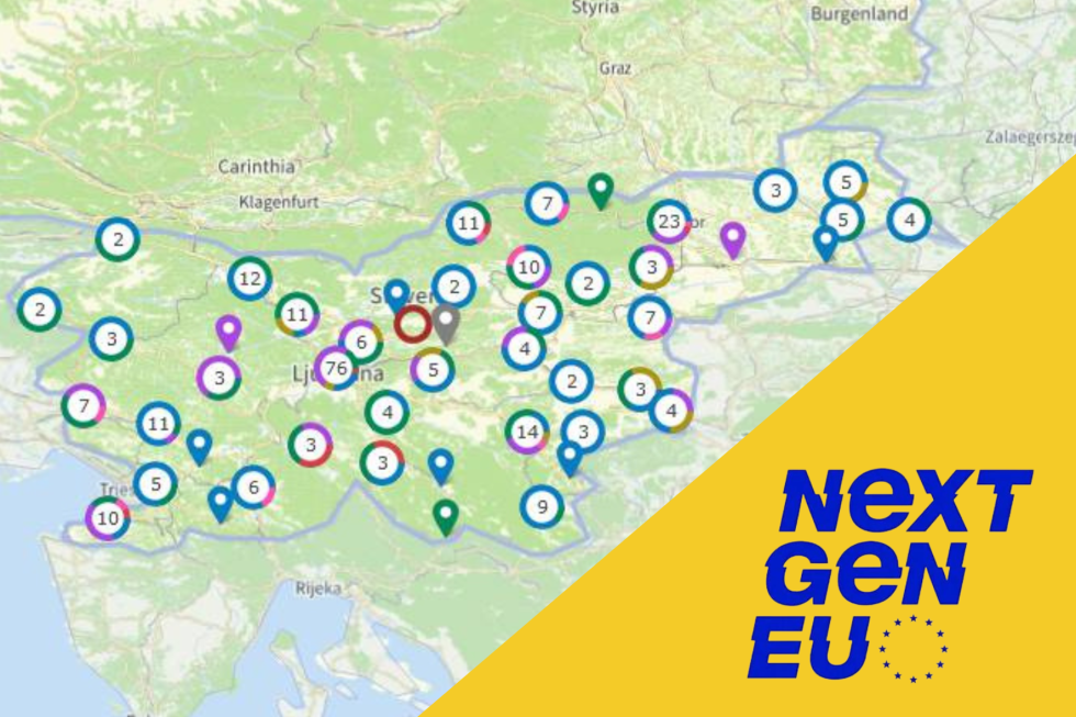 Zemljevid Slovenije z označenimi lokacija projektov NOO. 