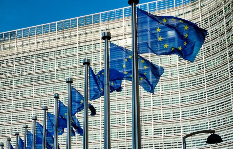 Svet EU (Zastave EU na drogovih. Plapolajo v vetru. V ozadju stavba in modro nebo.)