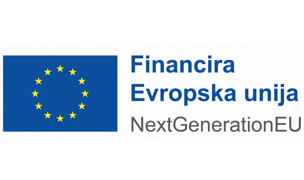 Na levi zastava evropske unije (moder kvadrat z zlatimi zvezdicami), na desni napis Financira Evropska unija, NextGenerationEU