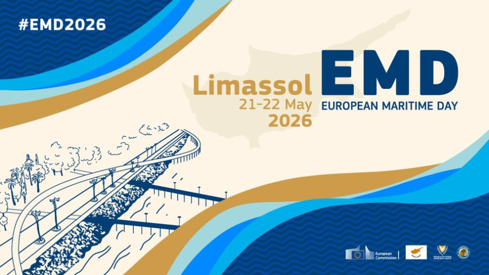 Grafično oblikovan promocijski plakat za dogodek EMPACT 2026 v Limassolu na Cipru z modrimi in zlatimi abstraktnimi elementi ter stilizirano ilustracijo arhitekture.