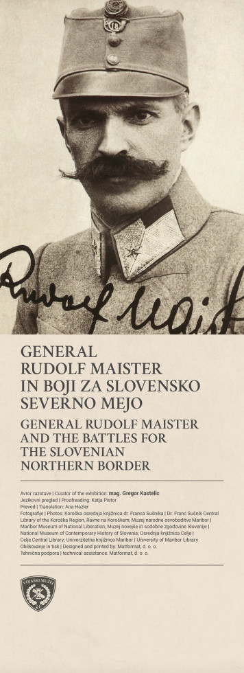 Pano razstave o generalu Rudolfu Maistru z njegovim portretom in podpisom