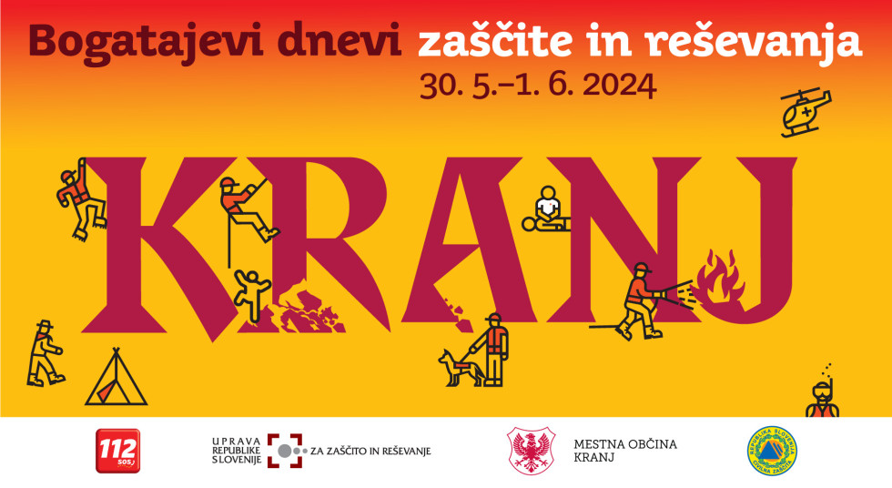 Oranžna podlaga, rdeč napis Bogatajevi dnevi in z belo zaščite in reševanja. V nogi so logotipi 112, Uprave RS za zaščito in reševanje, Mestne občine Kranj in Civilne zaščite.