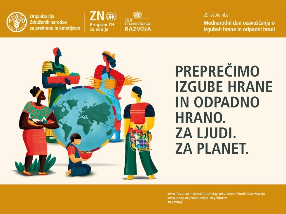 Logotip Organizacije ZN za prehrano in kmetijstvo z napisom Preprečimo izgubo hrane in odpadno hrano. Za ljudi. Za planet.