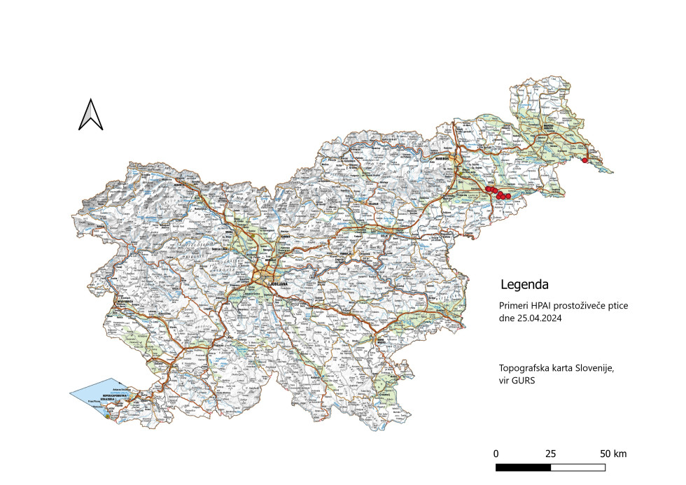 Zemljevid Slovenije z označenimi primeri aviarne infulence