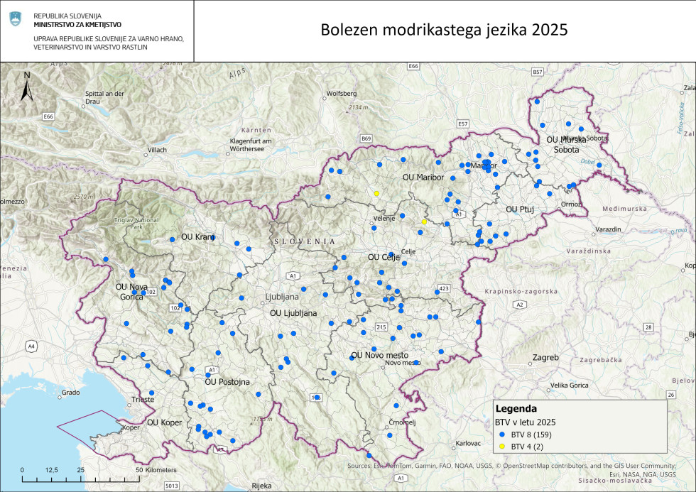 Zemljevid Slovenije z označenimi lokacijami, na katerih je bila potrjena prisotnost serotipov BTV-8 in BTV-4.