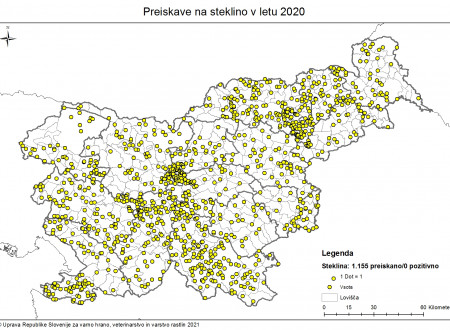 Na zemljevidu Slovenije so s točkami označeni kraji, kjer so bile v letu 2020 opravljene preiskave živali za steklino. Od 1155 vzorcev noben ni bil pozitiven na steklino.