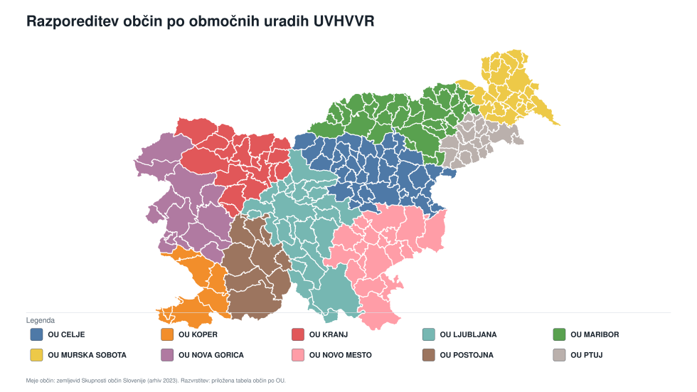 zemljevid Slovenije z označenimi občinami, ki spadajo v pristojnost posameznega območnega urada