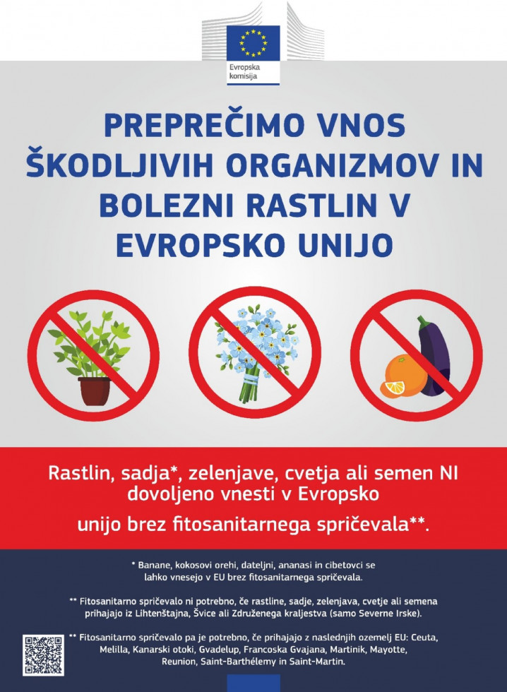 Poster, ki ozavešča o obveznosti vnosa rastlin in rastlinskih proizvodov s fitosanitarnim spričevalom, da se prepreči vnos škodljivih organizmov rastlin v EU.