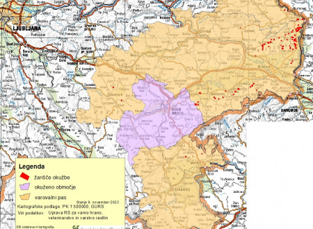 Zemljevid razmejenega območja zlate trsne rumenice v jugovzhodni Sloveniji
