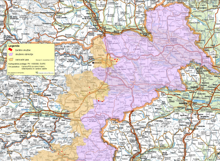 Zemljevid razmejenega območja zlate trsne rumenice v severovzhodni Sloveniji