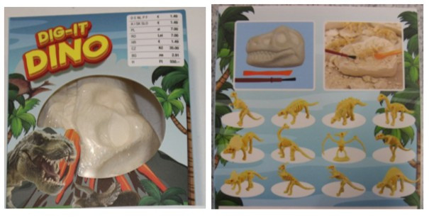 Set za izkopavanje dinozavra, pri katerem otrok z uporabo priloženega orodja iz mavčnega bloka izkoplje model oziroma okostje dinozavra.