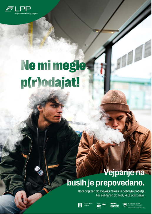 Letak akcije ''Ne mi megle p(r)odajat! s sporočilom, da je vejpanje na busih prepovedano
