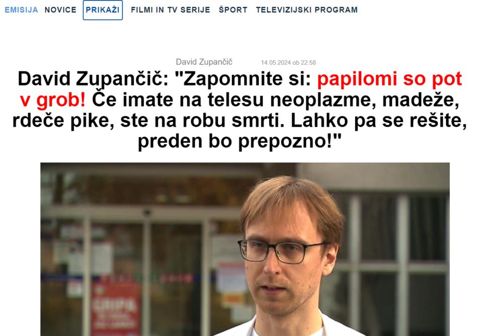 Slika spletne strani lažnega intervjuja z zdravnikom