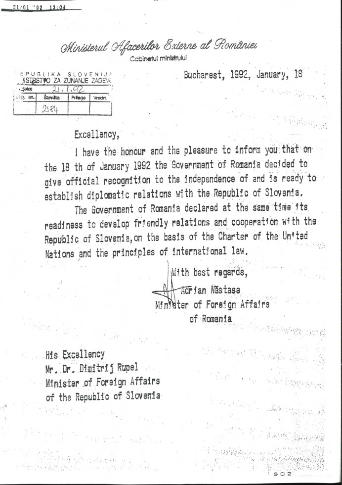 Diplomatska nota Romunije o priznanju Slovenije, 18. januar 1992