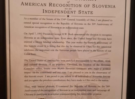 Priznanje Generalne skupščine Ohia ob 30. obletnici ameriškega priznanja samostojne Slovenije