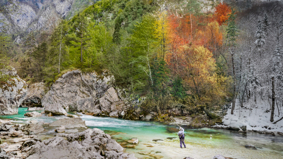 Man fishing in Soča river