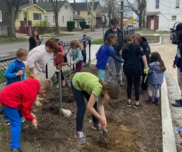 Planting of the pollinator-friendly plants at the St. Vitus Slovenian School in Cleveland