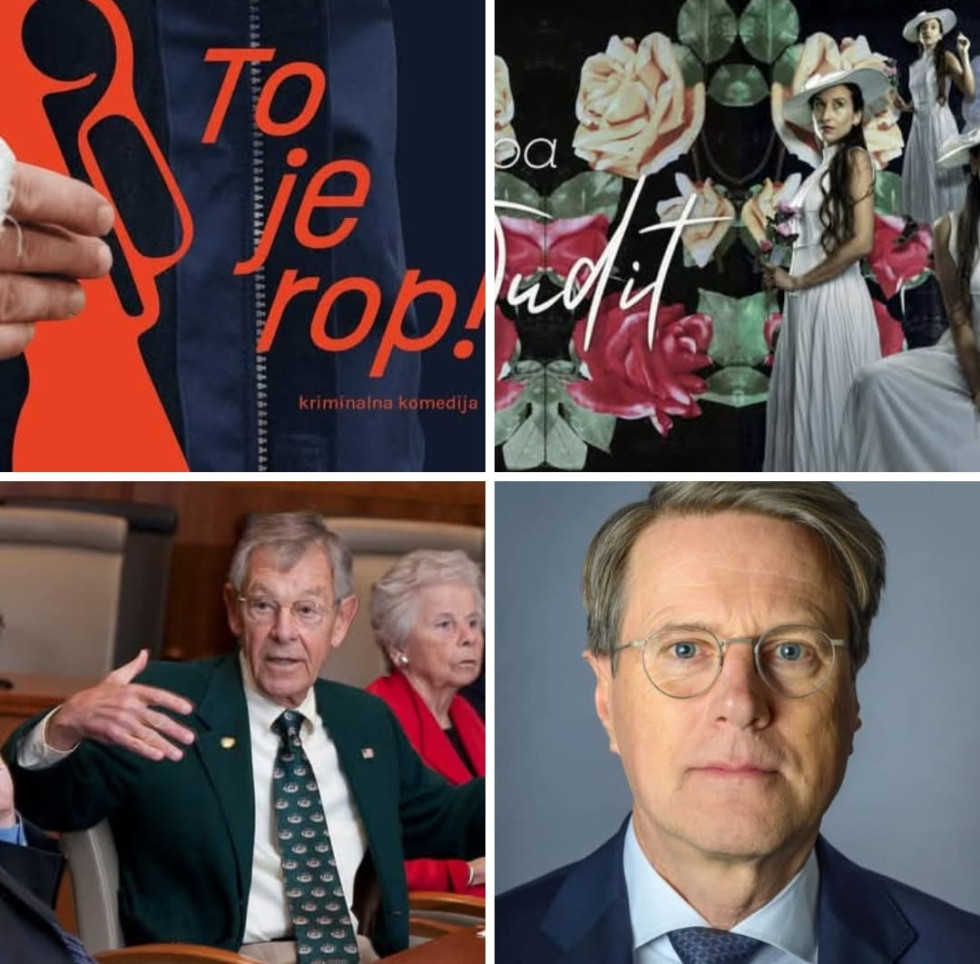 A picture composed of four smaller images. In the top left, the text: “This is a robbery!”. In the top right: a woman in a white dress with flowers. In the bottom left: an older couple. In the bottom right: a profile picture of a man.