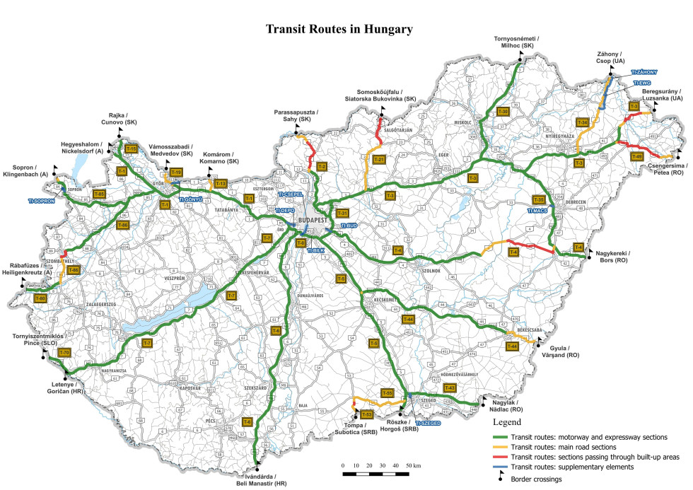 Zemljevid tranzitnega omrežja na Madžarskem 