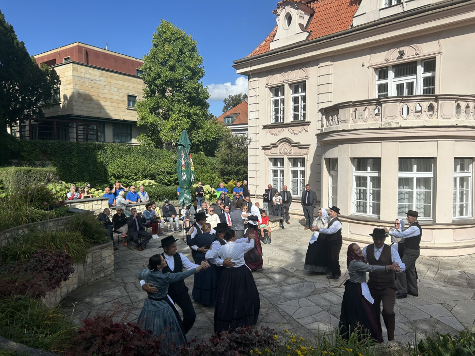 Na kamnitem dvorišču pred svetlo rožnato stavbo z belimi okni, pleše več parov, oblečenih v tradicionalne narodne noše. V ozadju rastejo grmi in drevesa. V zgornjem levem kotu kamnita zgradba.