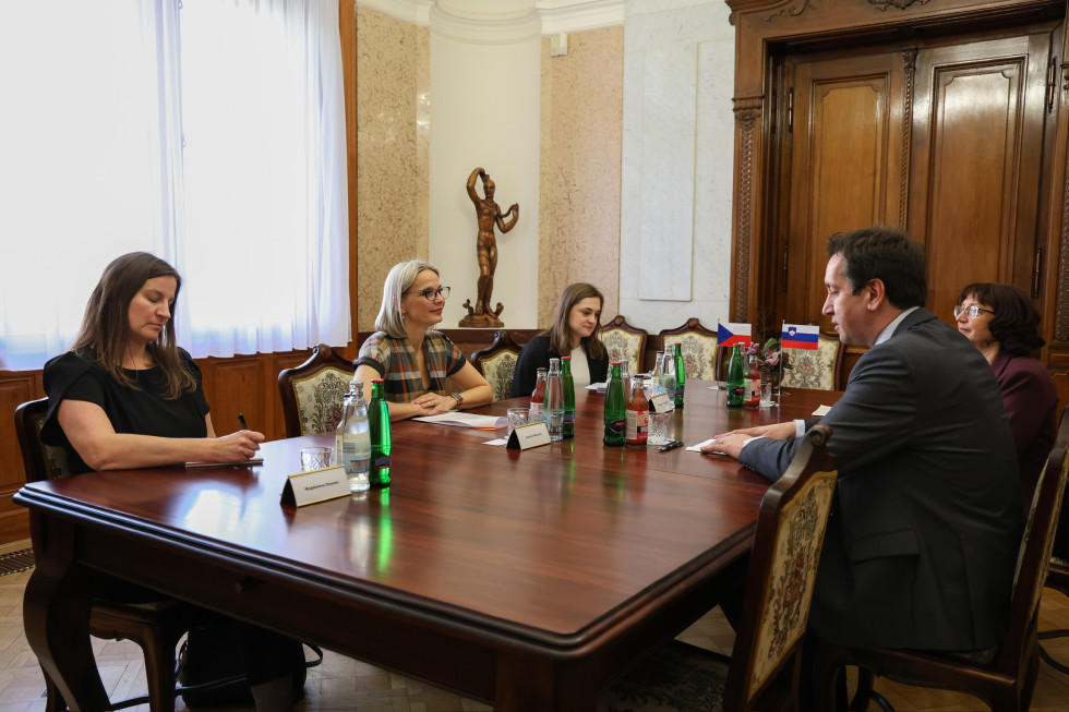 Fotografija prikazuje sestanek za veliko leseno mizo. Za mizo sedijo štiri ženske in en moški. Vsi so elegantno oblečeni. Na mizi vidimo beležke, oseba na levi nekaj zapisuje. Prav tako so na mizi kozarci in majhne steklenice zelene barve.