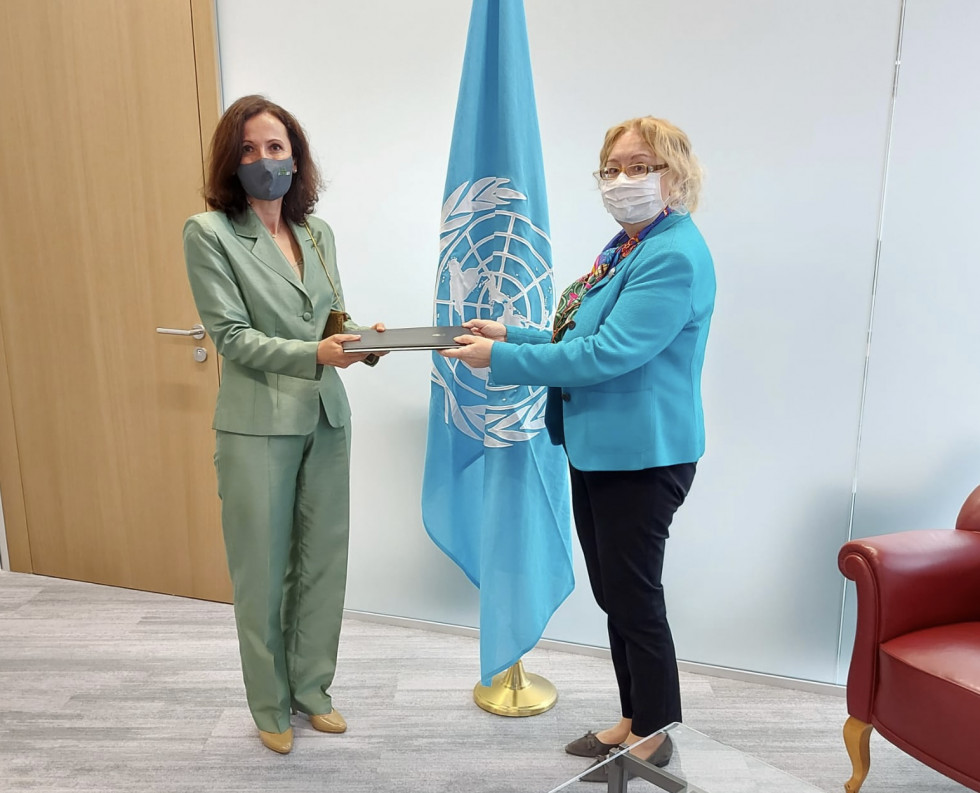 Ambassador presents her credentials to the UNOG Director-General, between them the flag of the UN.