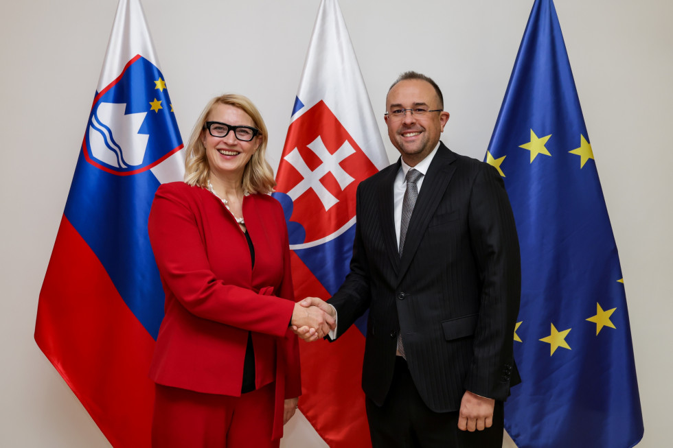 veleposlanica Norčič Štamcar in državni sekretar Chovanec se rokujeta pred zastavami
