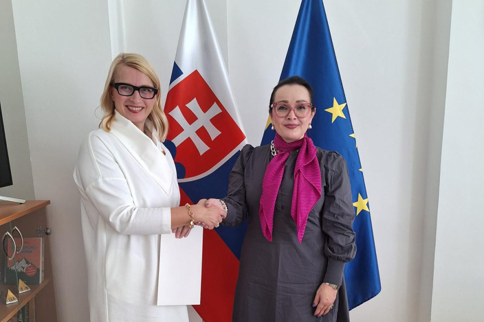 osebi se rokujeta, v ozadju zastave