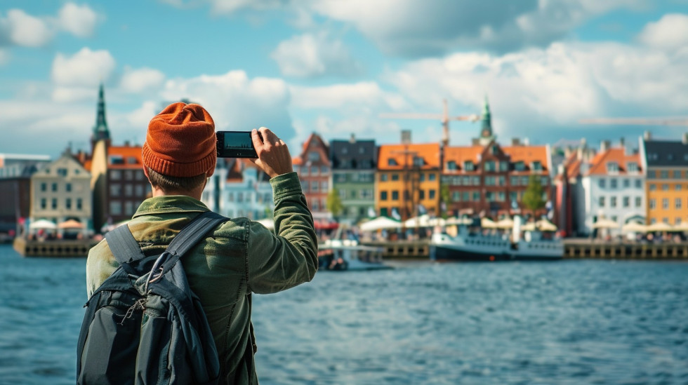 Študent s kapo obrnjen s hrbtom proti kameri s telefonom slika razgled v mestu København 