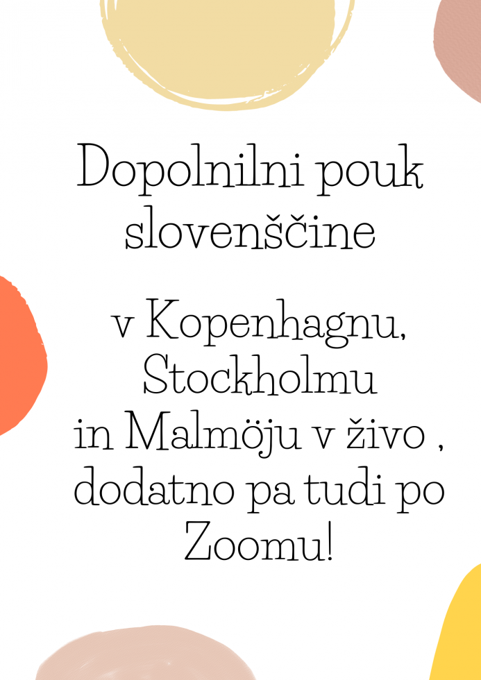grafika na kateri piše, da bo pouk slovenščine v Koebenhavnu, Malmoju in Stockholmu, pa tudi na Zoomu