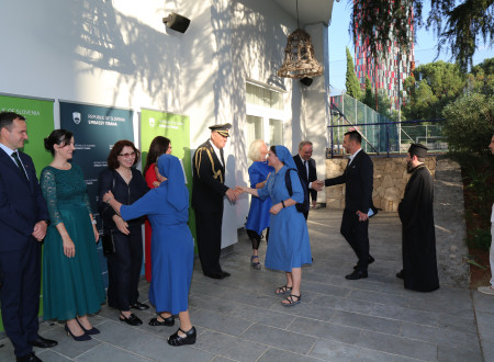 Representatives of the Embassy of the Republic of Slovenia in Tirana welcome guests to the reception celebrating Slovenia’s Statehood Day.