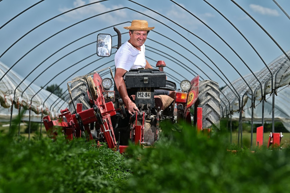 Lastnik kmetije sedi na traktorju in ureja rastlinjak. 