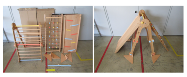 Lesen piklerjev trikotnik z dodatnima nastavkoma drče/tobogana in mreže za plezanje (leva stran slike). Na desni strani slike pa je prikazana postavitev igrače z obema dodatkoma.