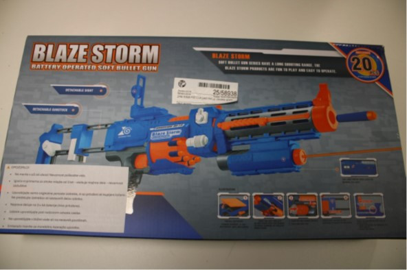 Pištola Blaze storm z penastimi izstrelki in laserjem v embalaži. Pištola je modre in oranžne barve.