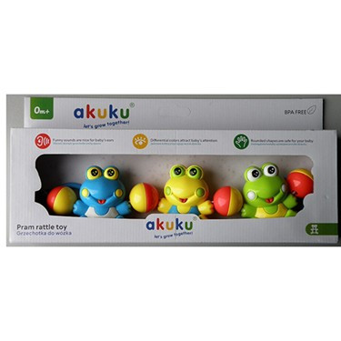 plastična ropotuljica za otroke v obliki žabice, so v kartonasti škatli in v treh različnih barvah (modri, rumeni in zeleni). V rokah imajo žogice.