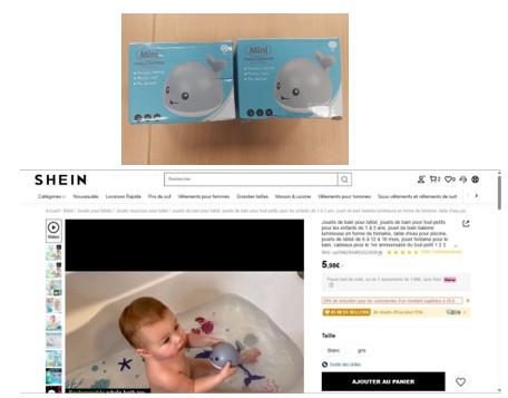 kopalna igračaiz plastike v obliki kita, ki skozi usta prši vodo. Na sliki je poleg igrače še otrok v banji med kopanjem.