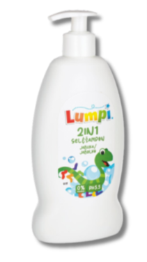 Gel in šampon v beli embalaži  s pumpico. Na embalaži je narisana zelena žival podobna dinozavru z več parov pisanih nog.