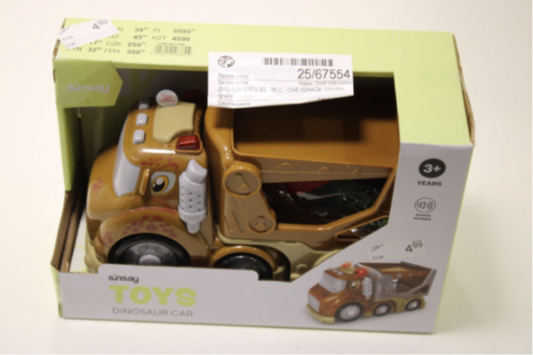 Avto-tovornjak na gumbne baterije, je rjavo oker barve. Tovornjak ima na kabini, ki spominjajo na dinozavra. V notranjosti embalaže so v vrečki še figure dinozavrov.