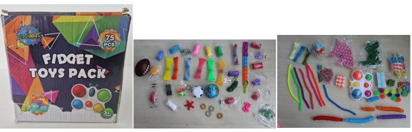 na sliki je komplet "Fidget Toys Pack".  Komplet vsebuje 75 različnih senzoričnih oziroma antistresnih igrač različnih oblik, velikosti in barv, namenjenih stiskanju, raztezanju, vrtenju in igri z dotikom..