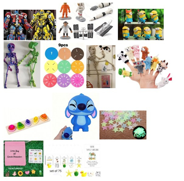 plastične-transformerji,astronavti,minioni, okostnjaka, izobraževalna igrača-pisani krogi z ulomki, magnet za hladilnik okostnjak, tekstilne igrače-naprstne lutke živali, lesena igrača-različne oblike za vstavljanje, raztegljivi Stich, zvezde ki svetijo 