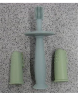 Grizalo v obliki zobne ščetke petrolej barve in naprstni zobna ščetki  olivno zelene barve