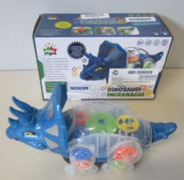 Igrača dinozaver (Triceratops) na baterije z modro glavo in modrim repom ter prozornim telesom, v katerem se vidijo koleščki raznih barv (rumen, zelen, moder, oranžen).