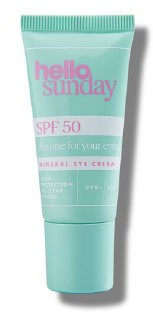 Mineralna krema za predel okoli oči z zaščitnim faktorjem 50 v zeleni tubi z roza in belimi napisi, embalaža je 15 ml