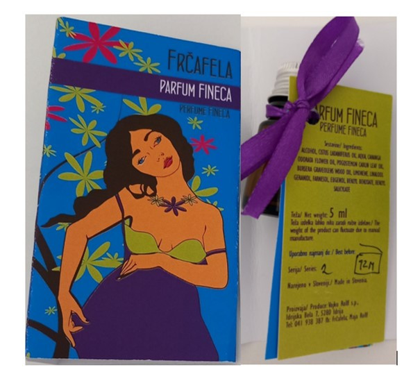 Parfum Fineca v modri embalaži na kateri je narisano dekle s črnimi lasmi.