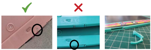 Sliki prikazujeta shematski prikaz, uvijačenega vijaka na spodnji strani pri pokrovčku ohišja za baterije, ki je nepravilen in uvijačen vijak na zgornji strani ohišja LCD tablice za risanje, ki je pravilen.