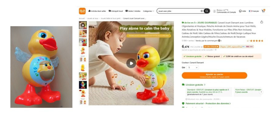 Plesoča rumena račka z oranžnim kljunom in utripajočimi lučmi. Igrača deluje na baterije.