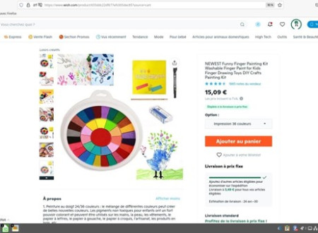 Slika seta barvic za risanje s prsti iz spletne strani, kjer se je prodajal.