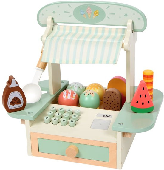 Lesena igrača stojnica za sladoled z blagajno in predalom ter lesenimi sladoledi z dodatki različnih barv