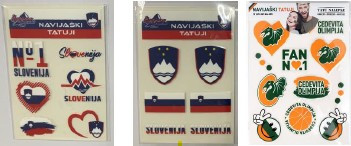 Tatuji /sličice  za navijanje-slovenska zastava in grb v različnih oblikah (srčki, napis)  in navijaški znaki za Cedevito oranžni z zelenim zmajem različnih oblik (srčki, krogi)